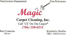 Magic Carpet Cleaning Carpets, Rugs and Upholstery in Augusta, Georgia using Bane-Clene truckmounted carpet cleaning equipment and protectors