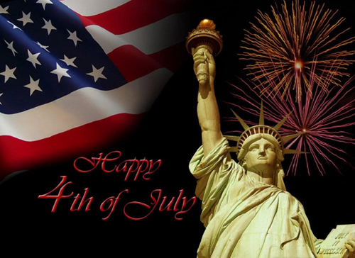 Image of Statue of Liberty and Flag and Fireworks for 4th of July Independence Day